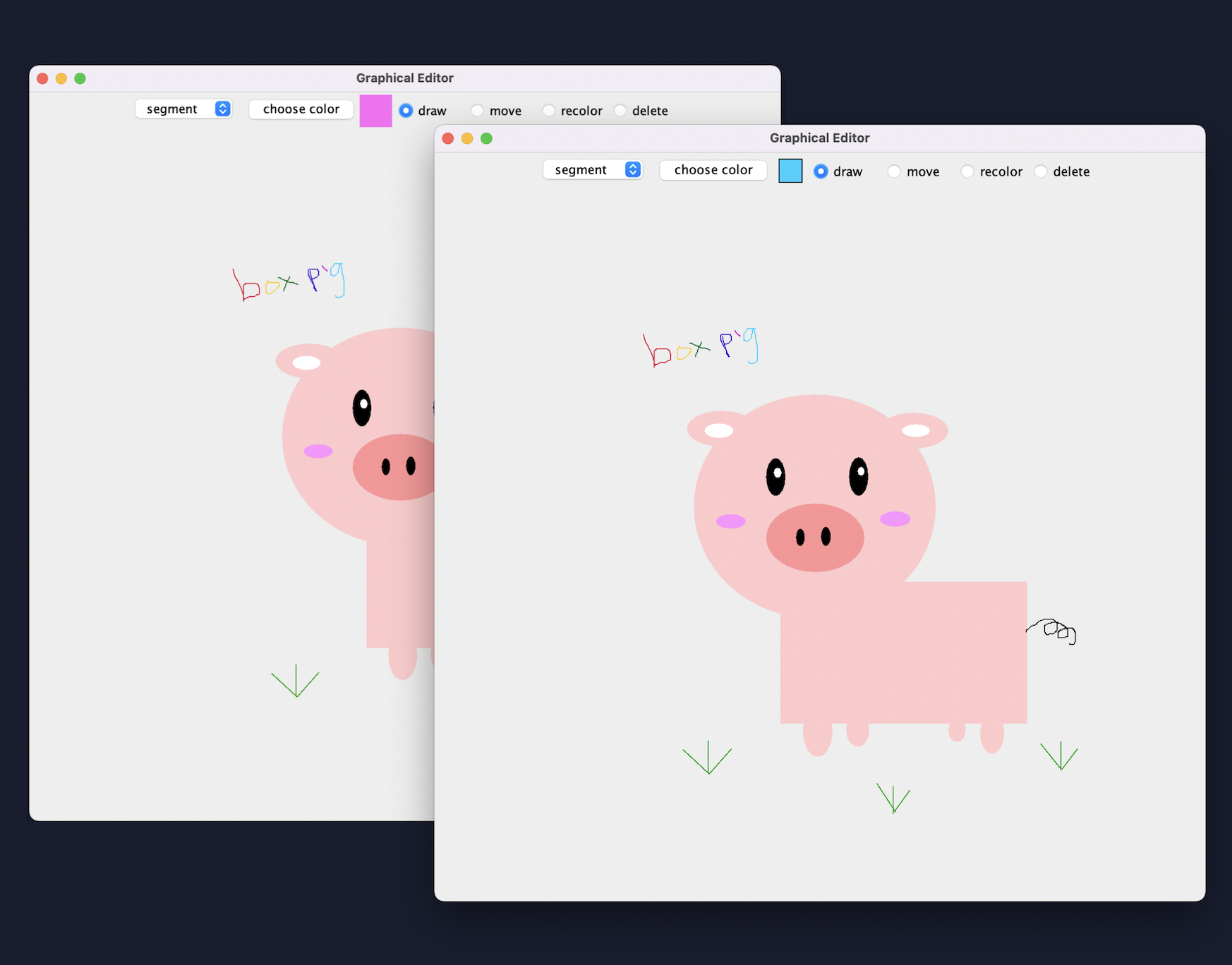 display of a box pig drawn by two students using a collaborative graphical editor