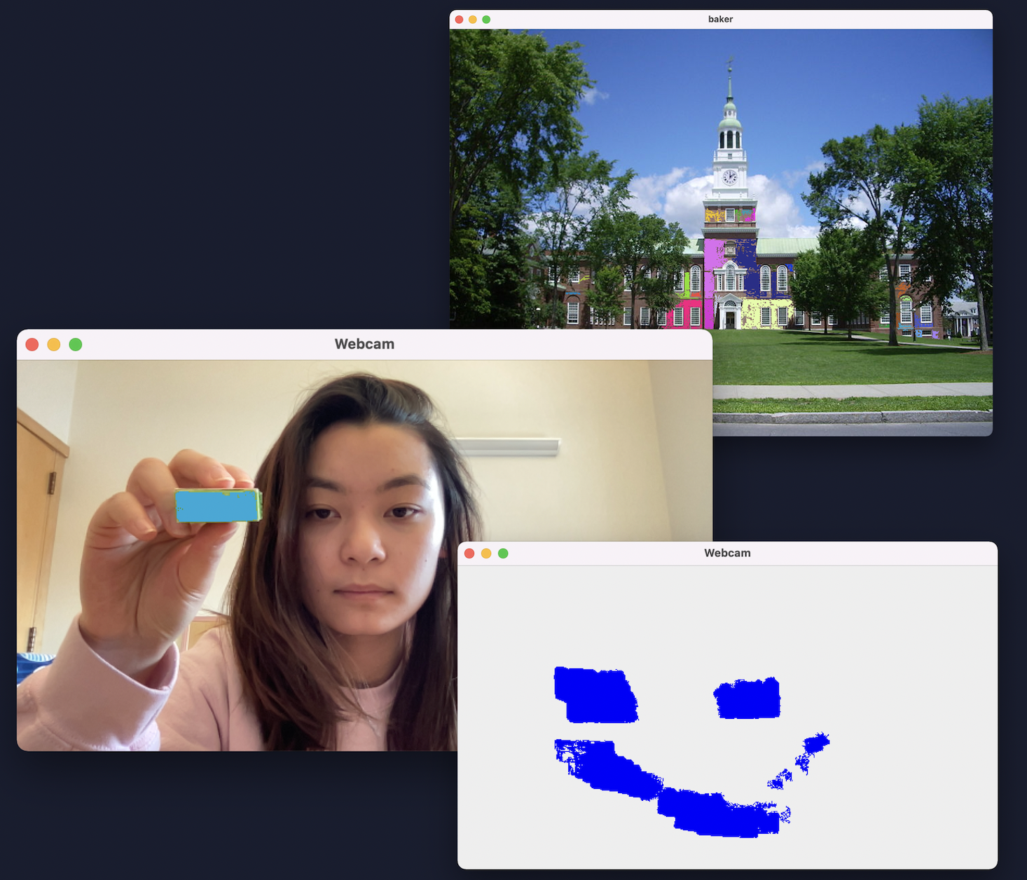 three photos of the webcam based painting program, one with live webcam, one with photo, and one with the drawing output